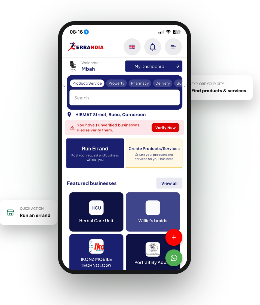 Errandia dashboard showing business discovery, errands, properties and health services